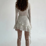 Flare Sleeve White Mesh Ruffles Dress