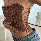 Pbong  Sexy Slim Sequined Cropped Tube Tops Clubwear Sparkle Glitter Slash Neck Slash Neck Sleeveless Tank Tops Women Summer Streetwear