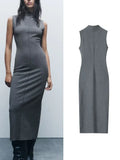 Elegant Women Solid Slim Dress Autumn New Female Simplicity Design Long Dress Fashion Rear Split Sleeveless Dress