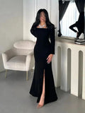Saudi Arabic Mermaid Prom Dresses 2025 Women's Black Square Collar PartyDress Evening Gown Sexy Slit Formal Gown
