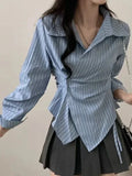 Fashion Slim Striped Shirt Women Elegant Korean Long Sleeve Blouse Casual Irregular Female Spring Sweet Chic All Match Top