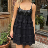 Pbong  Women Sequin Lace Edge Ruffled Mini Dress Multi-Layered Spaghetti Strap Sleeveless Cute Bow Short Dress Club Party