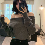 Women Off Shoulder Sweater Long Sleeve Off-the-Shoulder Knitted Tops Rib-knit Jumper Pullover Female Casual Outfit Fall Winter