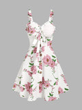 2025 Women's Beach Dresses Floral Print Vacation Sundress Garden Party Dress Summer Ruffled Bowknot Mini Dress