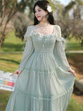 Women New Fairy Midi Dress Elegant Square Collar Lace Ruffle Sweet Dress Autumn Long Sleeve Prom Party Evening Vestidos New