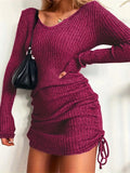 Pbong  Women's autumn and winter sexy slim fit ribbed skirt knitted sweater V-neck long sleeved pleated drawstring base skirt