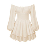Pbong  Women's Loose Playsuit Puff Long Sleeve Square Neck Ruffle Short Romper Dress Spring Fall Casual Elegant Overalls