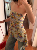 Pbong  Vintage Y2k Print Irregular Camisole Women's Clothing Tunic Boob Tube Vest  Backless Zipper Fashion Summer Tank