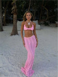 Hollow Knitt 3D Flower Bras + Long Skirts Pink Vacation Beach Women Sets Bikini Swimsuit Sexy Fashion Transparent Cover-ups 2025