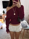 Pbong  New Autumn Winter Laid-back Style Loose Shoulder Design Knitted Top Women's High Waist Slimming Sweater Street Fashion