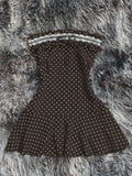 Pbong  Women Frill Trim Polka Dot Print Contrast Lace Strapless Mini Dress