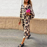 Pbong  Spring Summer New Long V-neck Loose Lantern Sleeve Leopard Print Straight Cut Dress Women's Midi Dress Comfortable Breathable...