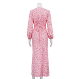 Pbong  Elegant Printed A Line Dresses for Women V Neck Puff Sleeve High Waist Patchwork Single Breasted Slit Dress Female