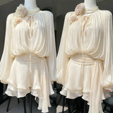 French Elegant Vintage Black Chiffon Dress Long Sleeve V Neck Autumn Women Sweet Dress Casual Holiday Evening Party Wear