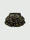 Pbong  Y2K Summer Hot Girl Camouflage Sweet Cool Double layer pleated Short Skirt Letter Diamond High Waist Women's A-line Skirt