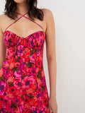 Pbong  Floral Sexy Chic Strappy Mini Dresss Halter Sleeveless Backless Ruffles Red Holiday Women Ladies Party Dresses Vestido