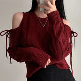 Pullovers Woman Cut-out Shoulder with Bow Long Sleeve Crew Neck Crop Sweater Cable Knit Cut-out Jumper Knitted Top Y2K