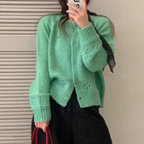 Pointelle Cardigan Women Long Sleeve Crew Neck Button Down Knit Sweater Jacket Autumn Winter French Chic Outfit