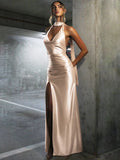 Deep V neck Ribbon Slit Dress For Women Sexy Halter Backless Evening Party Maxi Dress High Street Slim Elegant Summer New