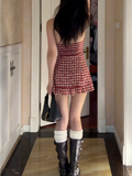 Red Plaid V-neck Strapless A-line  Dress Women's Spring Slimming Fit Casual Style No Brand Soft Medium Elastic