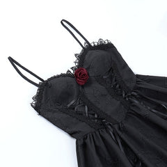Goth Dark Tie Up Mall Gothic Elegant Women Dresses Grunge Aesthetic Jacquard A-Line Dress Emo Lace Trim Black Party Alt Clothes