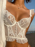 Pbong  Women Lace Corset Sleeveless Ruffle Bustier Crop Tops See Through Sexy Vintage Tank Top Female Bralette Vest
