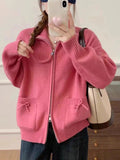 Korean Bow Cardigan Women Lazy Wind Double Zipper Long Sleeve Knitted Jacket Vintage Sweet Casual Preppy Style Tops Coat