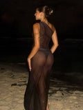 Sexy Sleeveless One Shoulder Printed See Through Mesh Dresses for Women Summer High Slit Slim Black Beach Holiday Dress