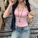 Solid Color Soft Basic Top for Women Summer Skinny Sexy T-shirt U Collar Shirt  Short Sleeve Top for Hot Girl