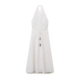 Hollow Out Embroidery Long Dress 2025 New Summer Sleeveless Halter Neck Vacation Beach Women Dress Fashion Backless White Dress