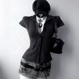 Women's Blouse Polo Neck Short Sleeve Striped Single Breasted Regular Length Tops For Women Female Clothing Woman Clothes