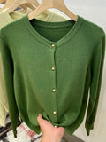 Gold Button Long Sleeve Sweaters Cardigan for Women Spring Autumn O-Neck Button-up Knit Jacket Tops Knitwear Basic Tops