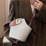 Pbong  Elegant White Pebbled Bucket Bag with Brown Accents, Convertible Crossbody or Top Handle Shoulder Bag for Women Daily Casual