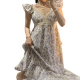 Floral Print Sleepwear Womens with Pad Nightgown Korean Vintage Ruffles Night Dress One Piece Pajama Summer V-neck Home Wear New