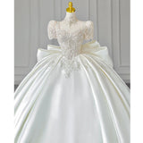 Pbong  Lace Wedding Dress Satin Light White Gown Long Train Court Style High Quality Bridal Gown for Young Women 18-25 Years Old