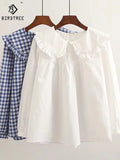 New Autumn Cotton White Shirts Women Student Sweet Tops Girl Peter Pan Collar Plaid Casual Cute Loose Blouses Spring T39132QM
