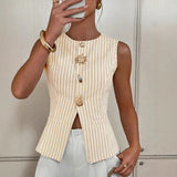 Pbong  Elegant Striped round Neck Button up Vest Top Women's Fashion Outerwear Sleeveless Slim Fit Street Style New Arrival