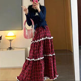 New Year's Christmas Vintage High Street Red Plaid Women Long Skirt Korean Style Fashion Sweet Y2k High Waist Ruffles Cake Skirt