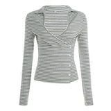 Pbong  Casual Button Striped T Shirt Basic Slim Turn-Down Collar Long Sleeve Tees Women Autumn Spring Fashion Streetwear Ladies