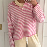 Pbong  Womens Knitted Sweater Tops Fall Long Sleeve Crew Neck Striped Button Loose Pullover Jumpers Preappy Casual Knitwear