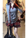 New Fashion Lrregular Spliced V Neck Tops Harajuku Vintage Y2k Aesthetic Punk Tiered Plaid Skirts Streetwear 2 Piece Sets