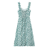 Pbong  Vintage Women Green Dot Leopard Print V neck Tank Dress Elastic Back Slim Waist Slit Hem Midi Long Dresses Summer Vestidos Robe