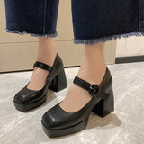 Ankle Strap Platform Pumps Women Pu Leather Square Toe Mary Jane Shoes Woman Goth Thick High Heels Shoes Ladies