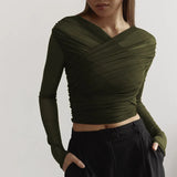 Pbong  Woman Gauze T Shirts Slim Waist Long Sleeve Tees Fashion Temperament Pleated Tops Korean Camisetas V-neck Tunic Sexy Crop Tshirt