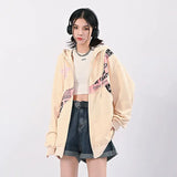 Y2K Vintage Zip Up Hoodies Women Harajuku Hip Hop Letter Print Sweatshirts Gothic Streetwear Loose Patchwork Tops Coats