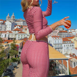 Pbong  Women's Summer Y2K 2Piece Plaid Print Outfits Set 3/4 Sleeve Tie Split Front Cropped Tops with Low Waist Capris Pants