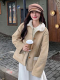 Women Faux Lamb Suede Jacket Winter Warm Long Sleeve Sweet Cotton Coat Korean Pockets Female Thick Vintage Outwear Tops