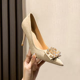 6cm Fashion New Spike High Heels with Rhinestone Pointed Toe Pumps Beige Shoes for Women 41 42 43