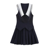 Fashion Turn Down Collar Pleated Short Dress 2025 New Navy Blue Sleeveless Chic Korean Tank Dress Streetwear Y2K Woman Clothing