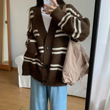 Women Cardigan Sweater Striped V-neck Button-up Sweater Jacket Comfy Cozy Slouchy Cardi Autumn Winter Casual Outfit